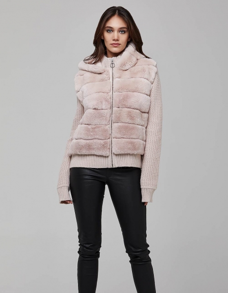 WOMAN JACKET POWDER COLOUR REX FUR TRIKO KNITWEAR HOOD