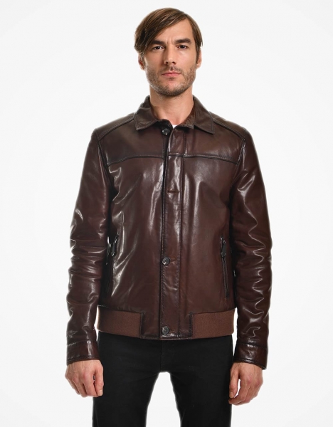 MAN BROWN LEATHER JACKET WITH KNITWEAR