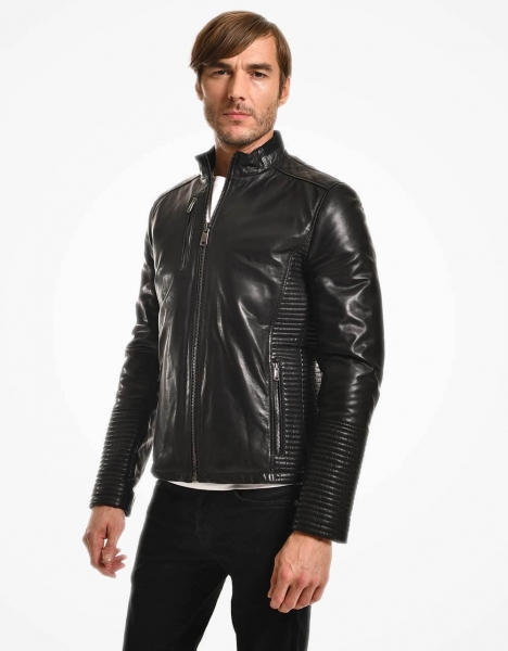 MAN BLACK LEATHER JACKET QUILTED DETAIL ON ARM AND SIDES
