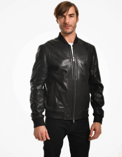MAN BLACK PERFORATED LEATHER JACKET COLLAR AND ARMS TRIKO KNITWEAR