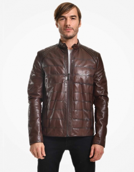 MAN BROWN WITH QUILTED DETAIL LEATHER JACKET