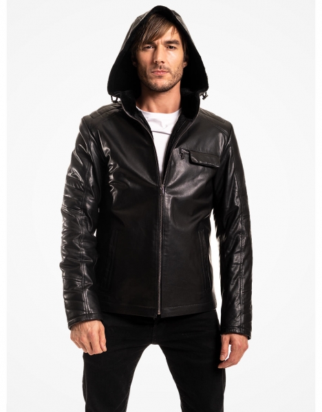 MAN BLACK WITH SHEARLING AND HOOD REAL LEATHER JACKET