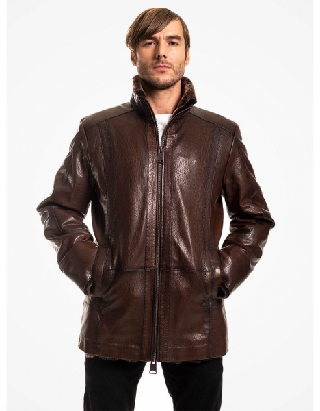 MAN BROWN WITH SHEARLING AND POINT STITCH JUMBO LEATHER JACKET