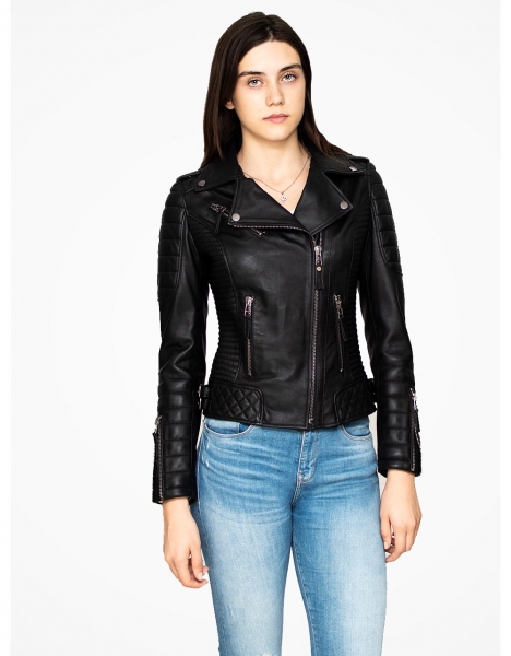 WOMAN BLACK MOTOR BIKE LEATHER JACKET