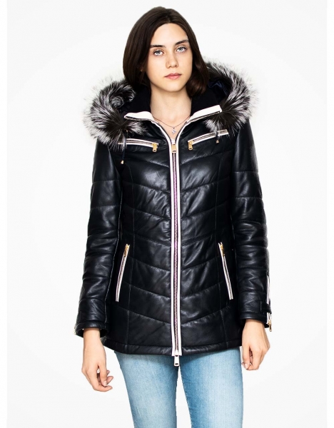 WOMAN BLACK WITH ARJANTE FUR HOOD INFLATABLE LEATHER JACKET WHITE TAPE