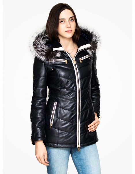 WOMAN BLACK WITH ARJANTE FUR HOOD INFLATABLE LEATHER JACKET WHITE TAPE