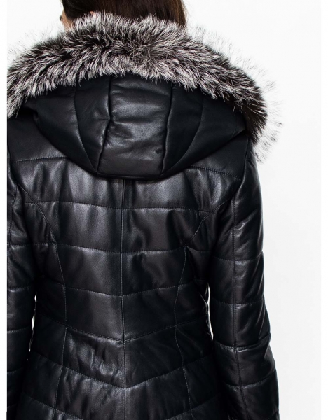WOMAN BLACK WITH ARJANTE FUR HOOD INFLATABLE LEATHER JACKET WHITE TAPE