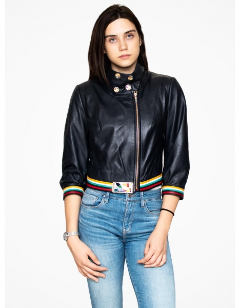 WOMAN BLACK 3/4 ARMS LEATHER JACKET COLOURLY TAPE