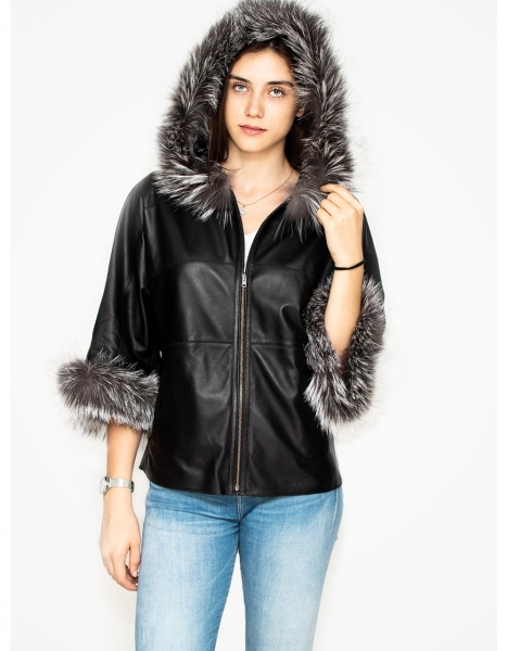 WOMAN BLACK HOOD AND ARMS WITH ARJANTE FURS 3/4 ARMS LEATHER JACKET