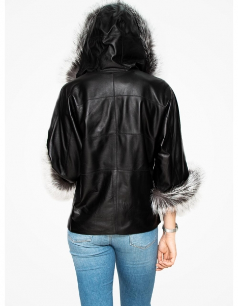 WOMAN BLACK HOOD AND ARMS WITH ARJANTE FURS 3/4 ARMS LEATHER JACKET