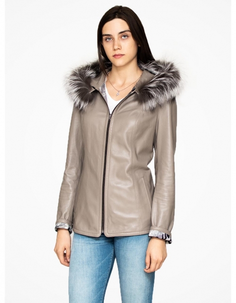 WOMAN GREY HOOD WITH ARJANTE FURS LEATHER JACKET
