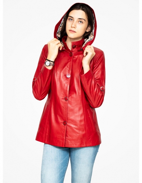 WOMAN RED COLOUR WITH HOOD BUTTONED LEATHER JACKET