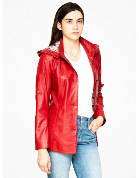 WOMAN RED COLOUR WITH HOOD BUTTONED LEATHER JACKET