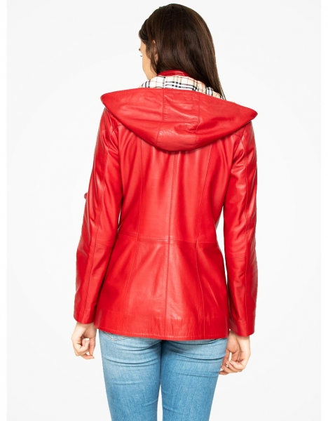 WOMAN RED COLOUR WITH HOOD BUTTONED LEATHER JACKET